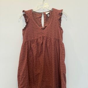 Women's Rust Eyelet Lace babydoll v-neck Dress Scalloped Hem Sz S AY